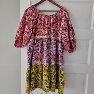 Anthropologie floral empire dress pink yellow, maximalist, size XS